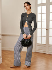 Cotton Contrast Binding Pinstripe Pants