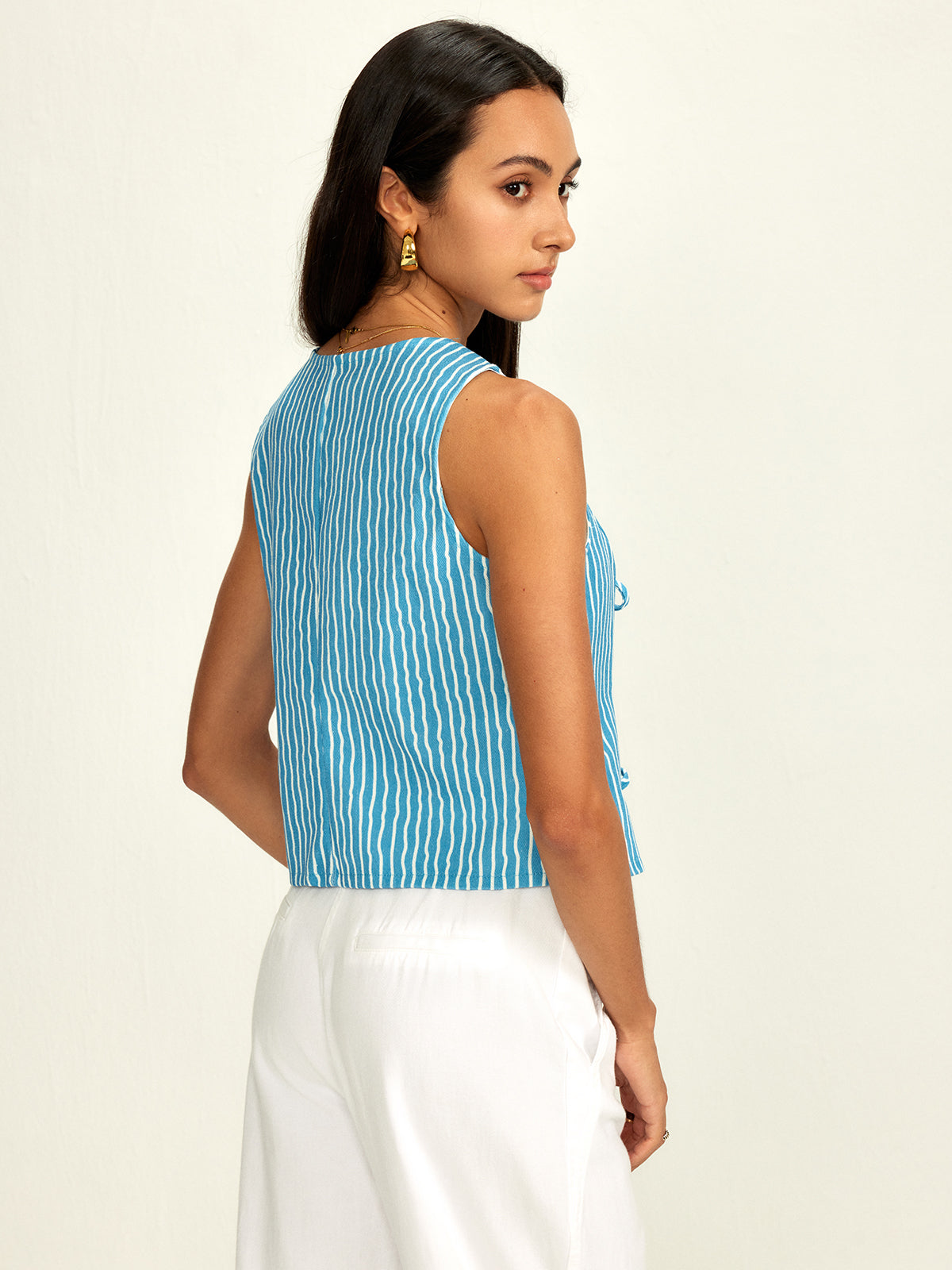 Pinstripe Tie Front Piping Blouse