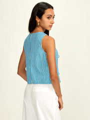 Pinstripe Tie Front Piping Blouse