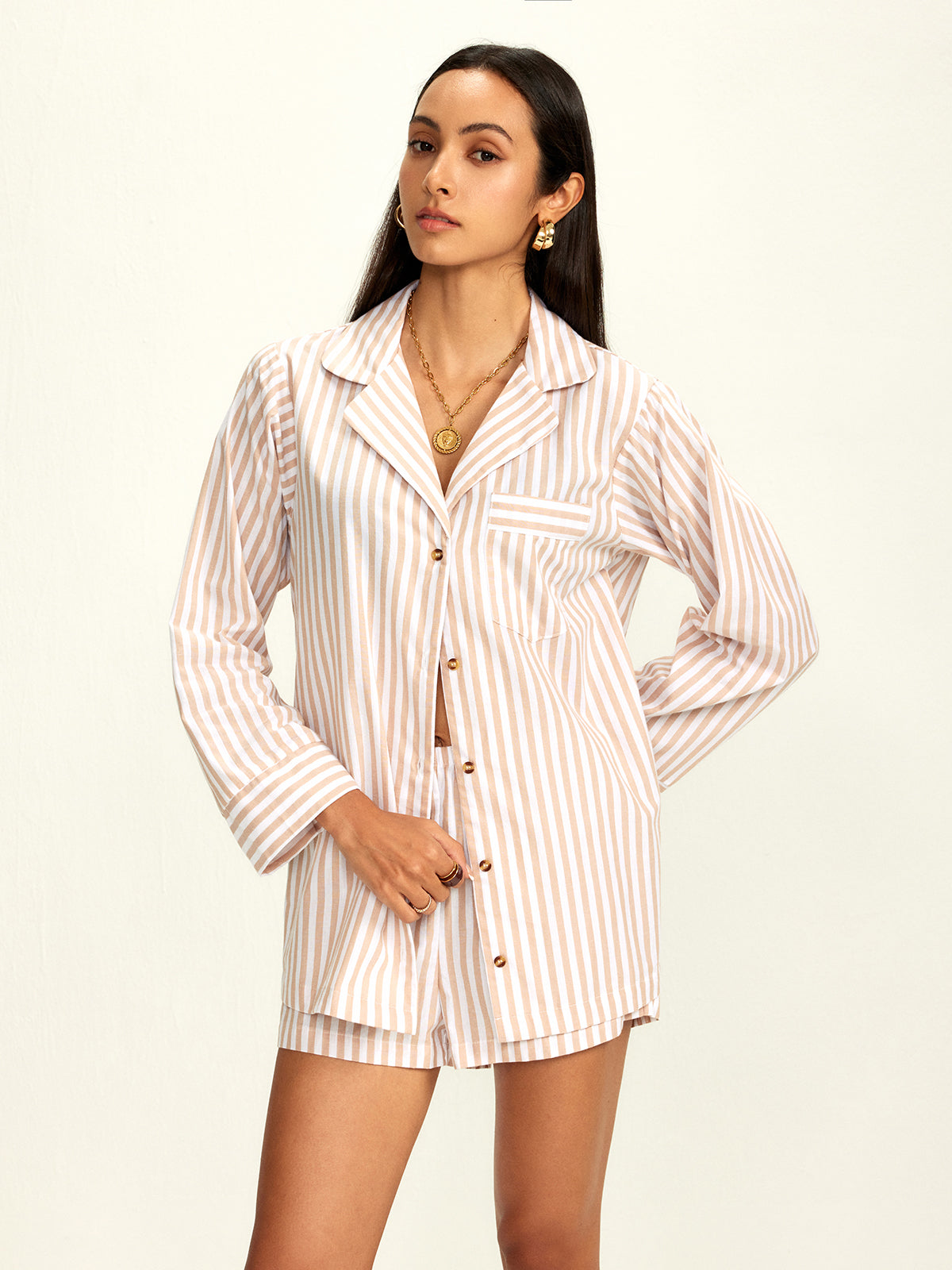 Cotton Blends Lapel Pinstripe Shorts Set