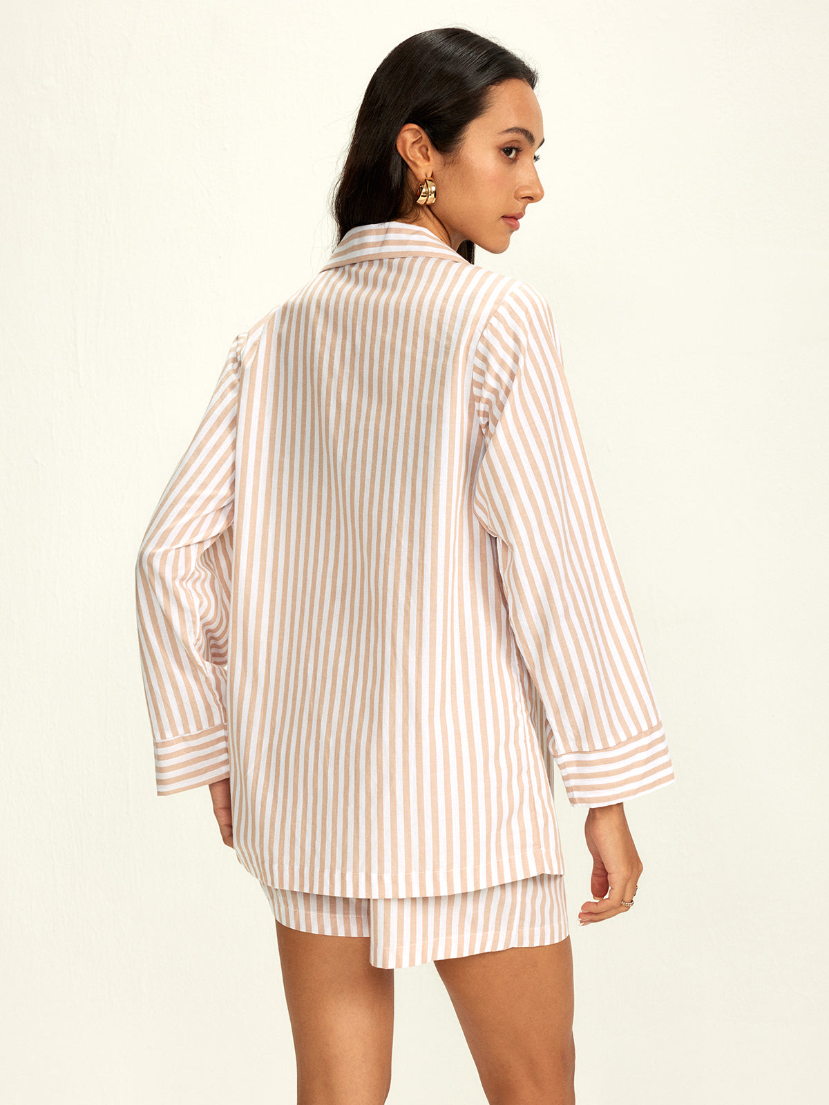 Cotton Blends Lapel Pinstripe Shorts Set