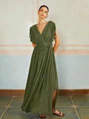 Casual Pleated Belted Long Dress