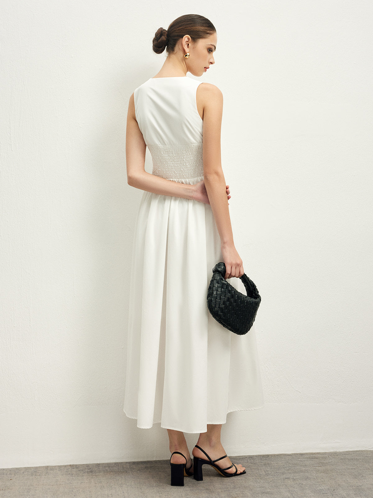 Ruffle Trim Neck Button Sleeveless Dress