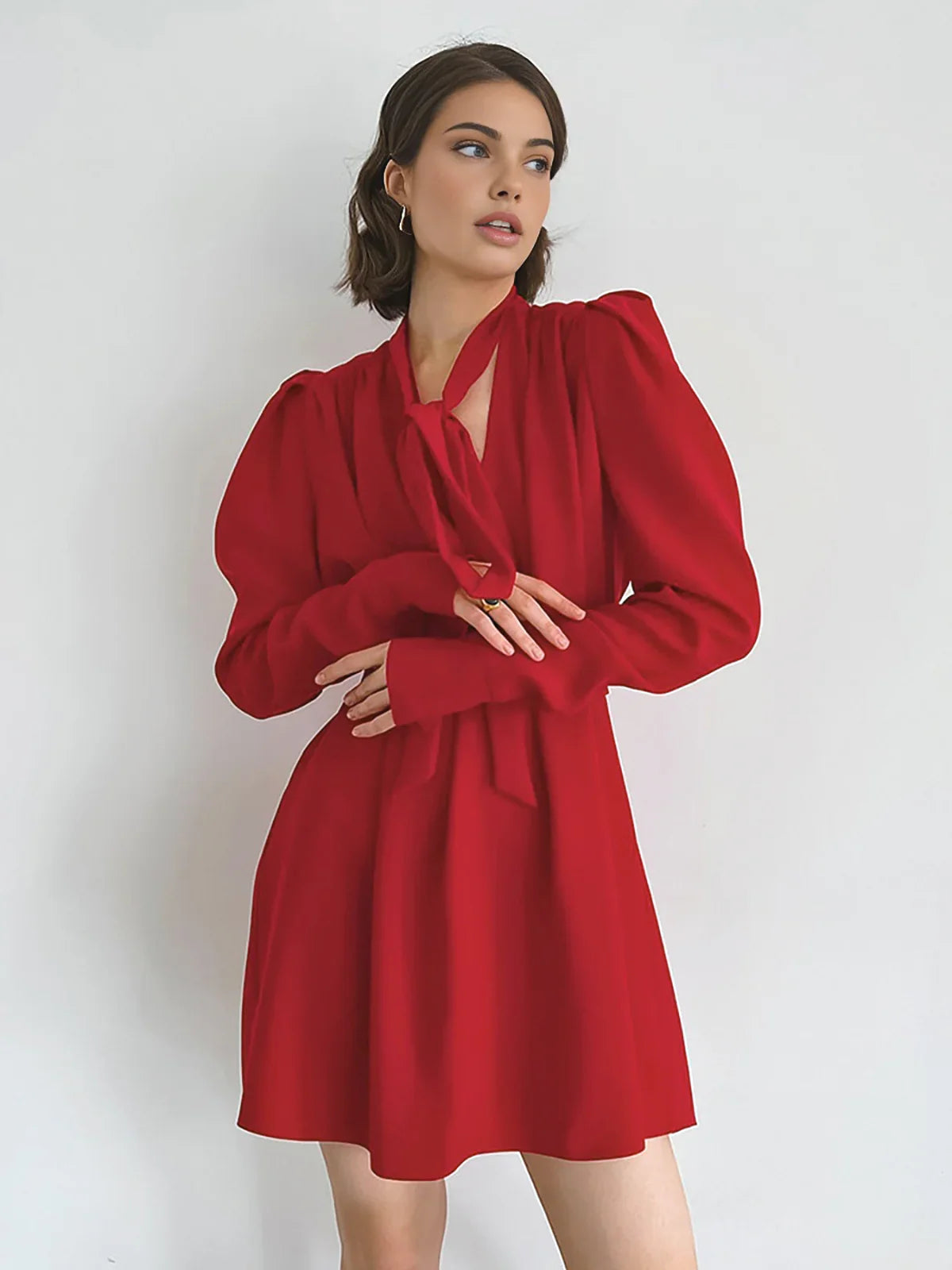 Bow Neckline Lantern Sleeve Short Dress