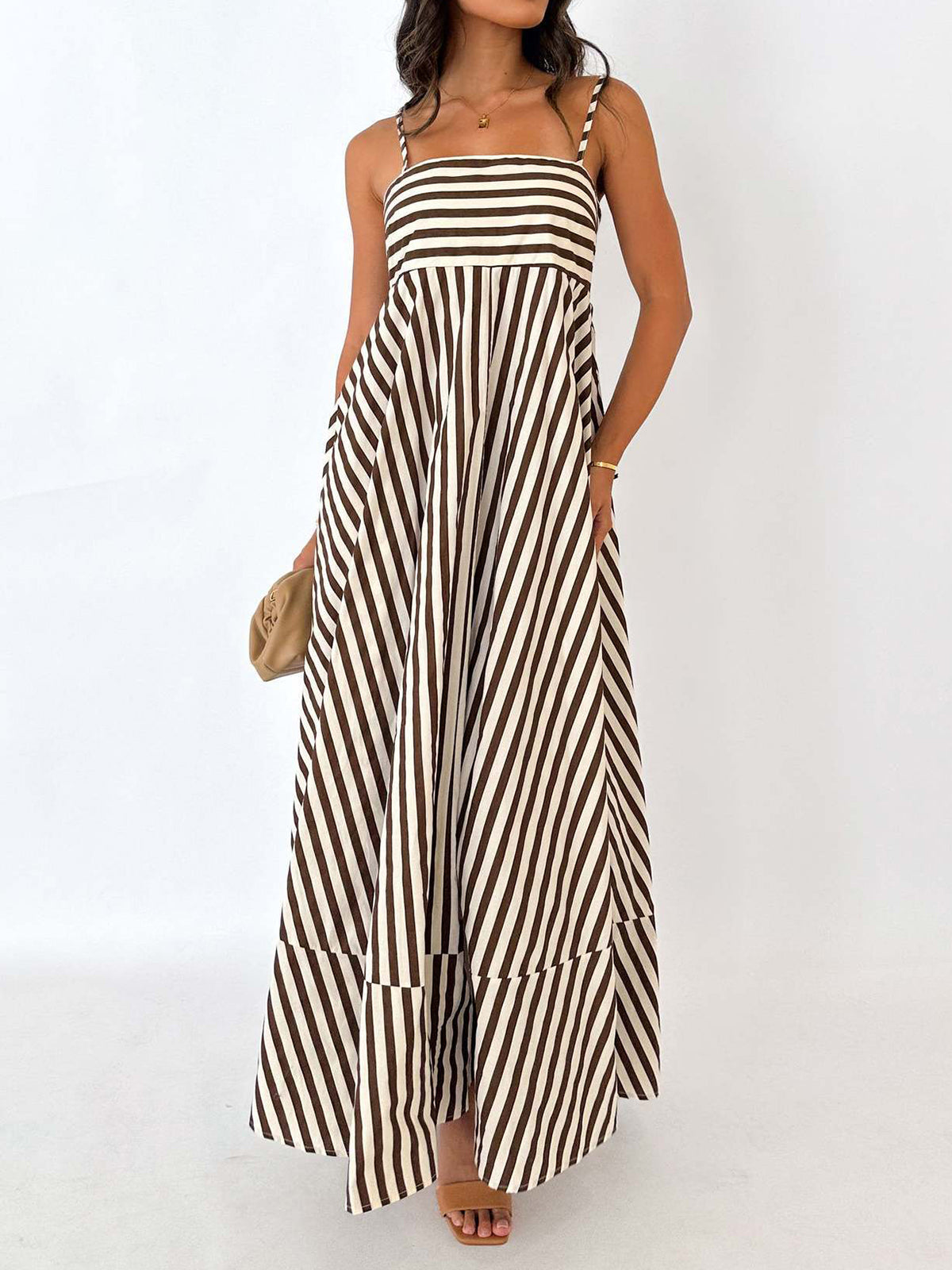 Striped Pleated Cami Long Dress