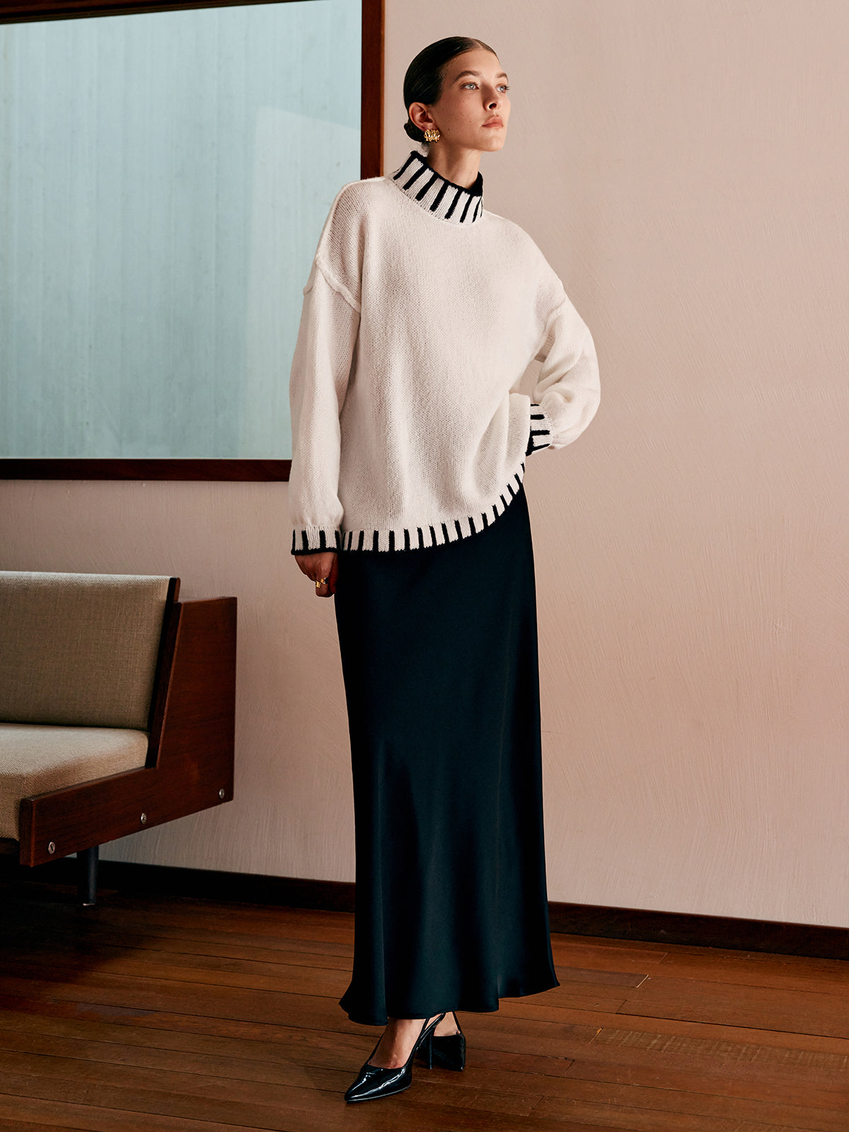 Stand Collar Embroidered Trim Sweater