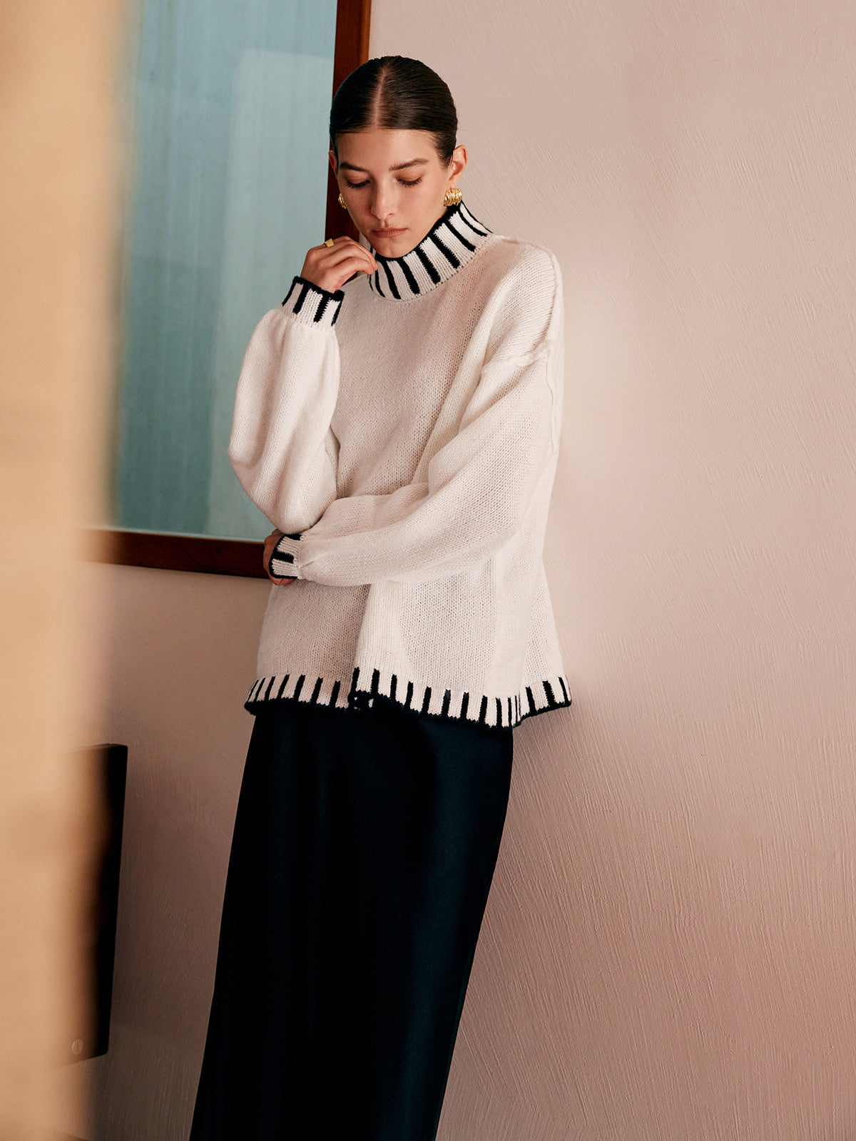 Stand Collar Embroidered Trim Sweater