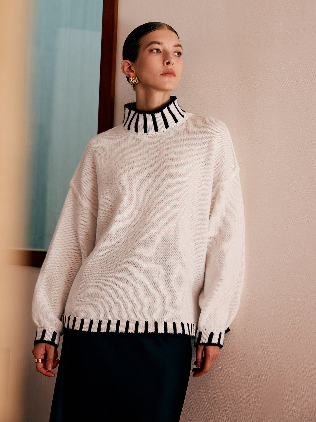 Stand Collar Embroidered Trim Sweater