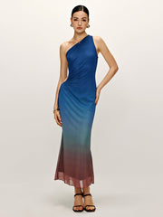 One Shoulder Cutout Knotted Ombre Dress