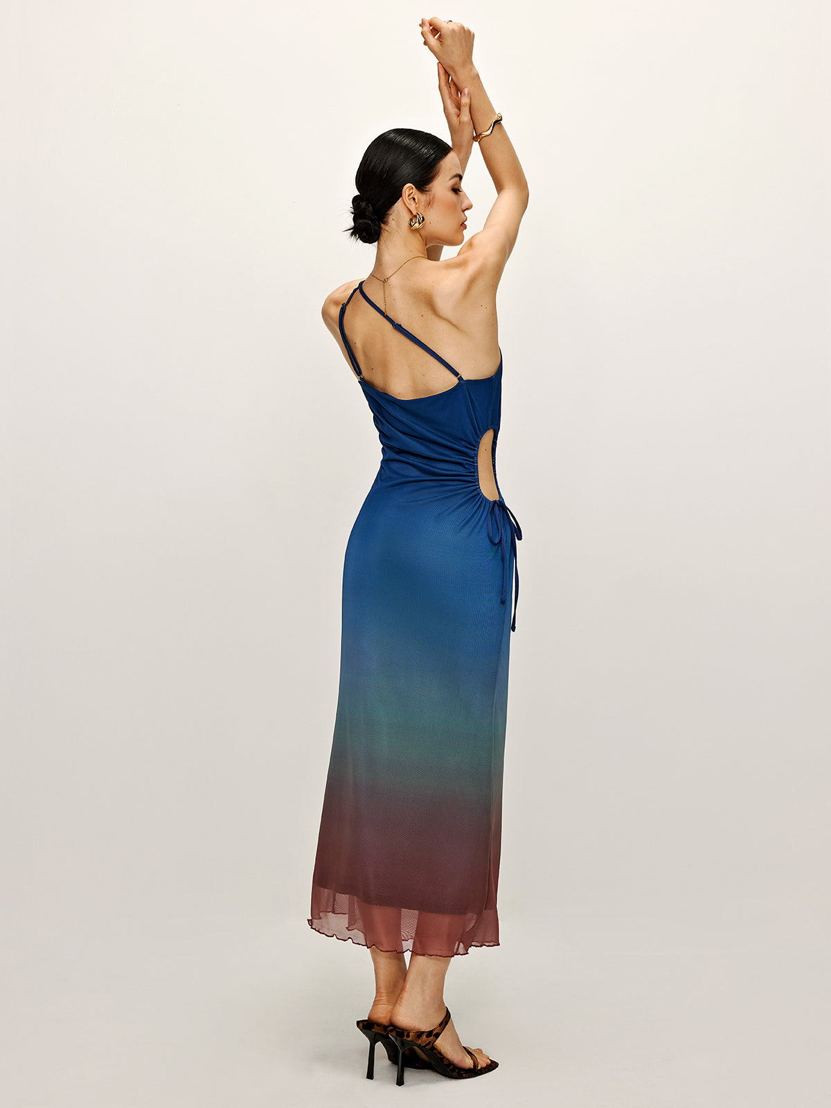 One Shoulder Cutout Knotted Ombre Dress