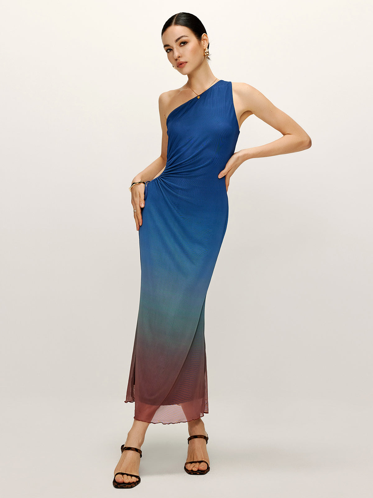 One Shoulder Cutout Knotted Ombre Dress