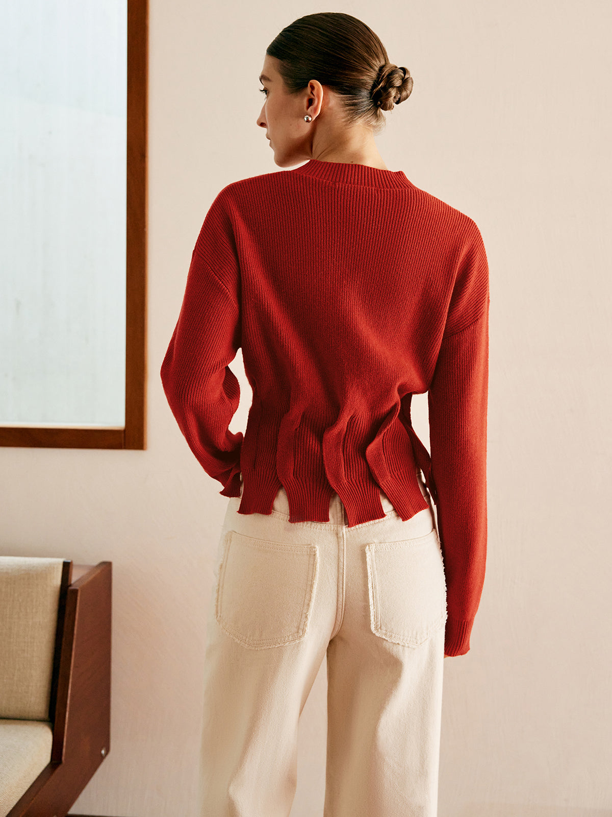 Wool-Blend Pleated Design Sweater