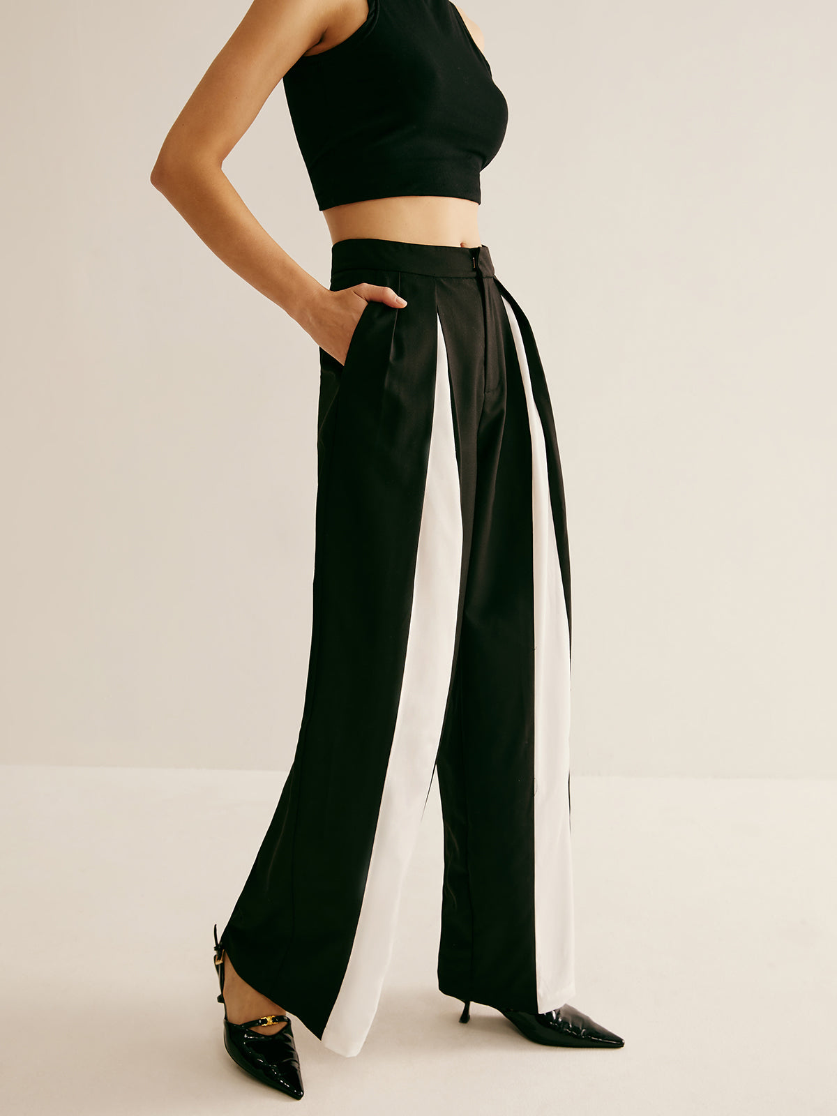 Pleated Patchwork Wide-Leg Pants