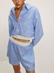 Patchwork Pinstripe Lapel Crop Shorts Set