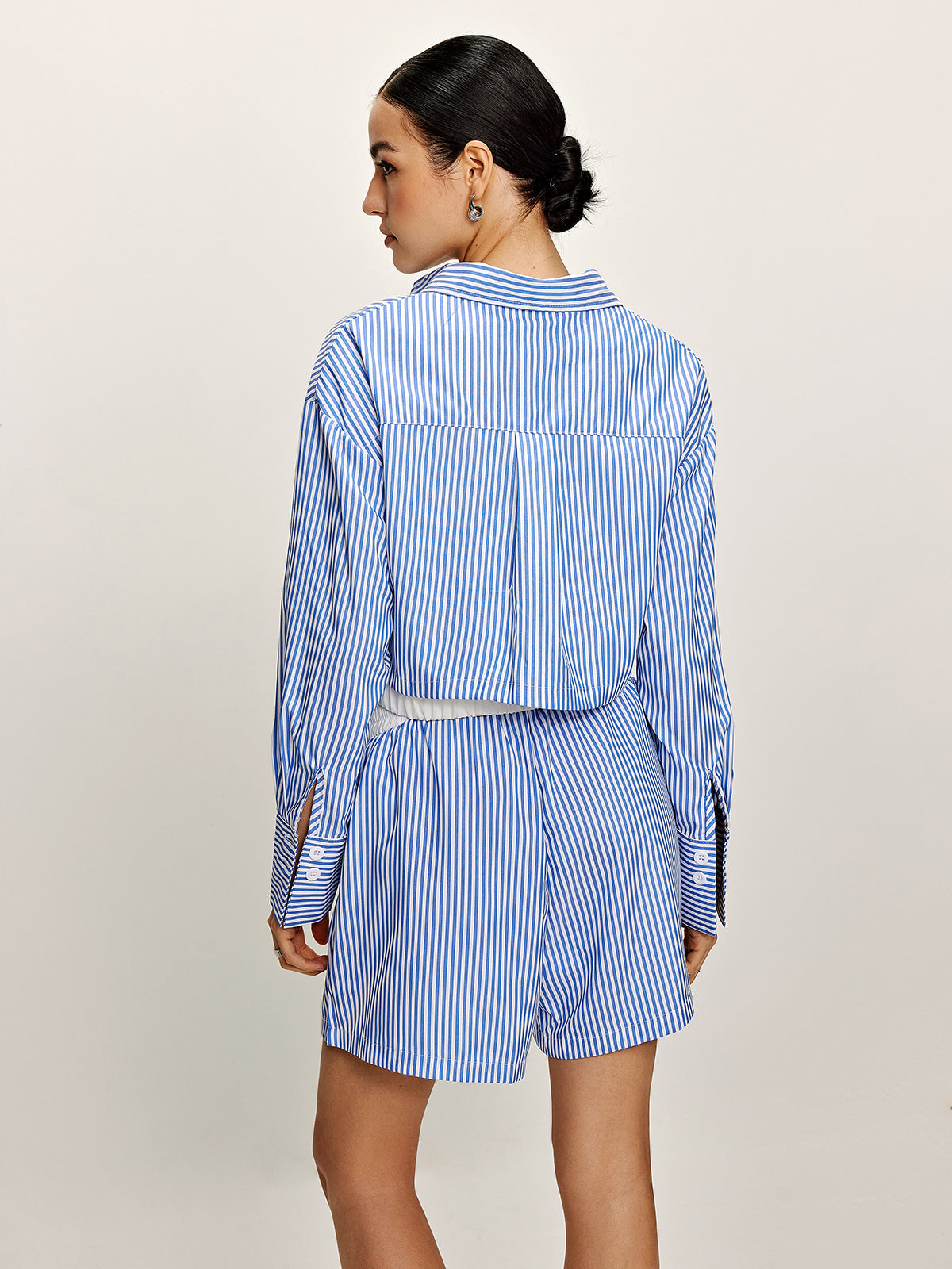 Patchwork Pinstripe Lapel Crop Shorts Set