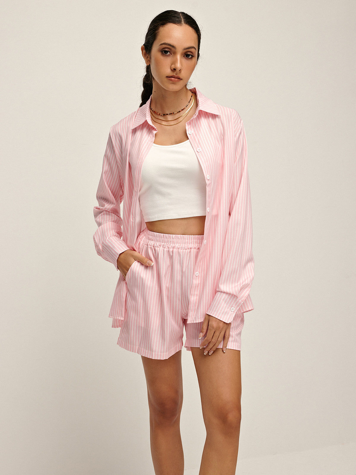 Pinstripe Polo Loose Shorts Set