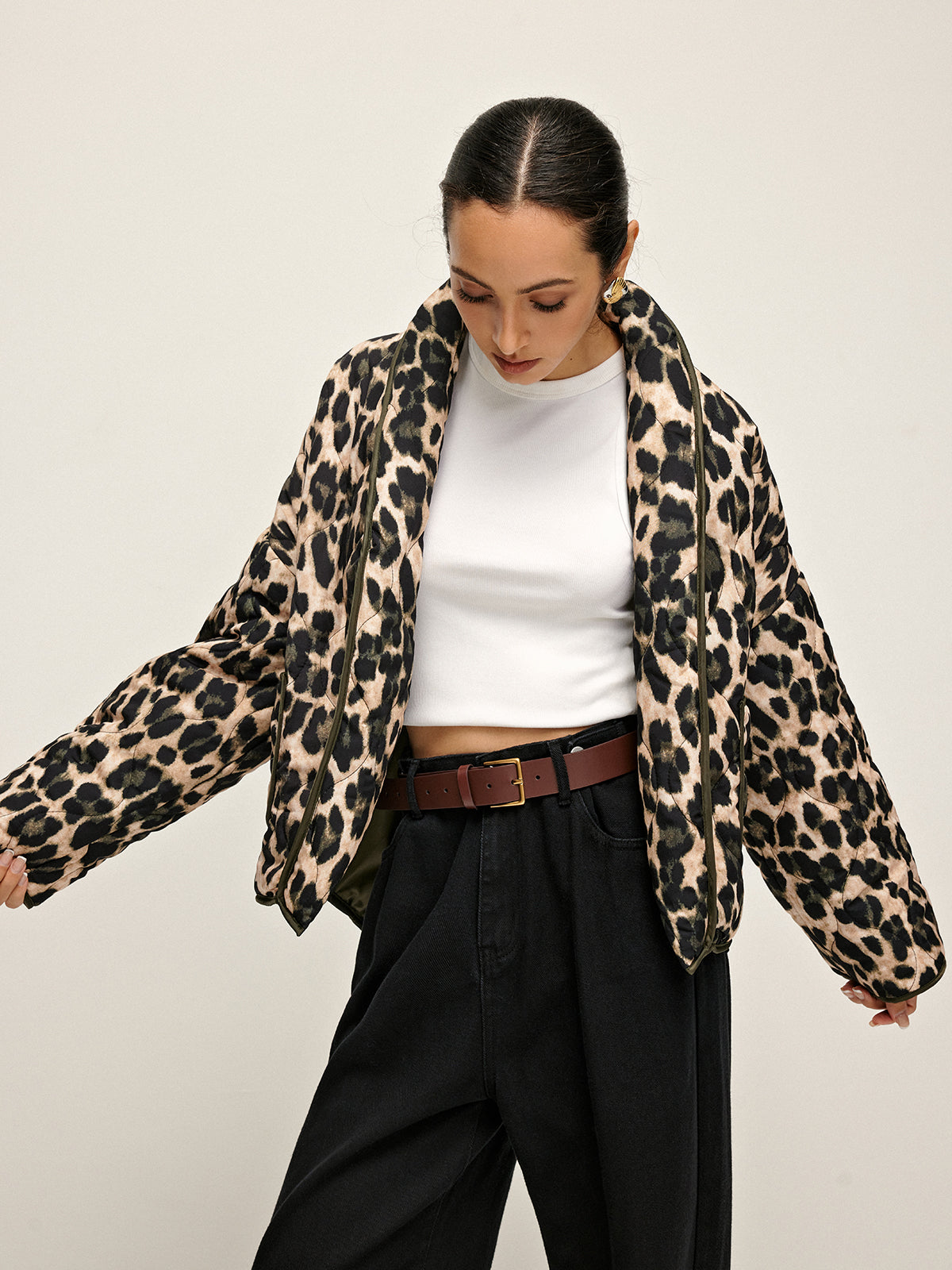 Leopard Printed Lapel Winter Coat