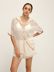 Contrast Trim Lapel Sheer Shorts Set