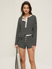 Striped Button Jersey Shorts Set