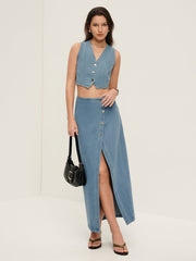 Button Split Denim Midi Skirt