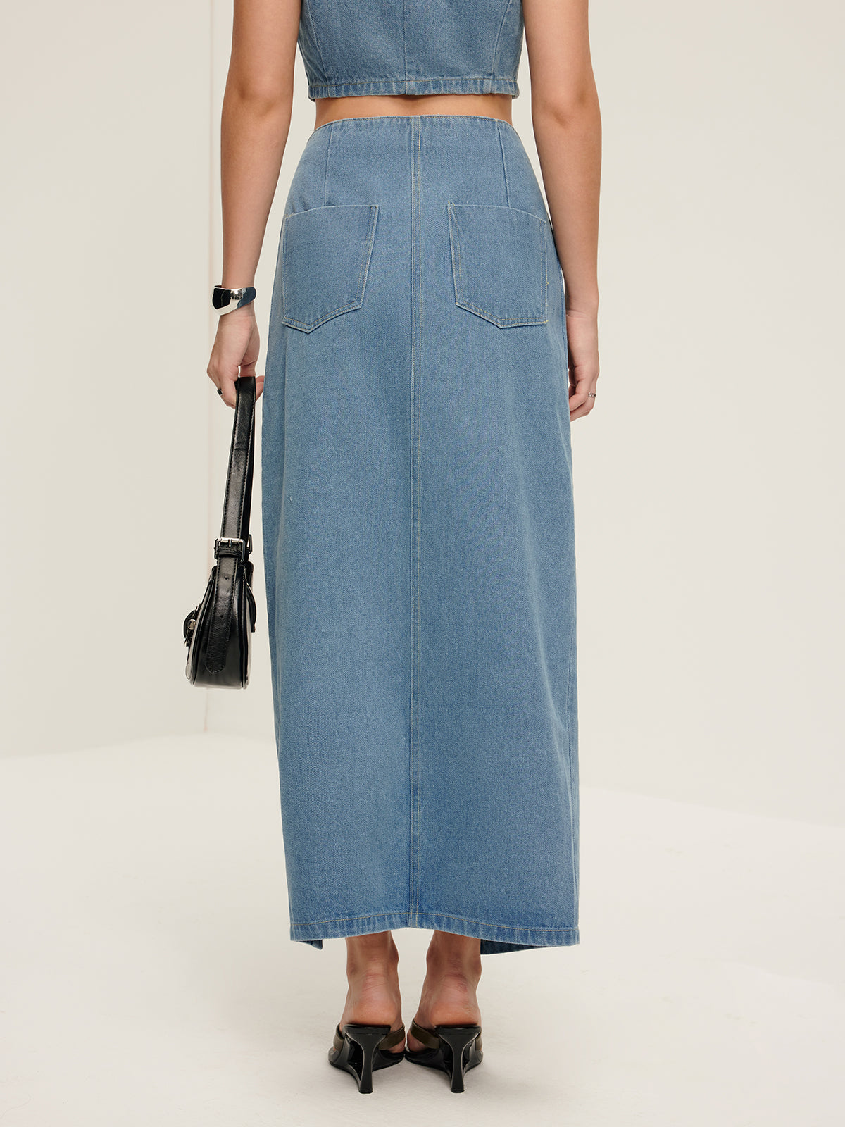 Button Split Denim Midi Skirt