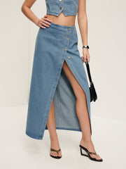 Button Split Denim Midi Skirt