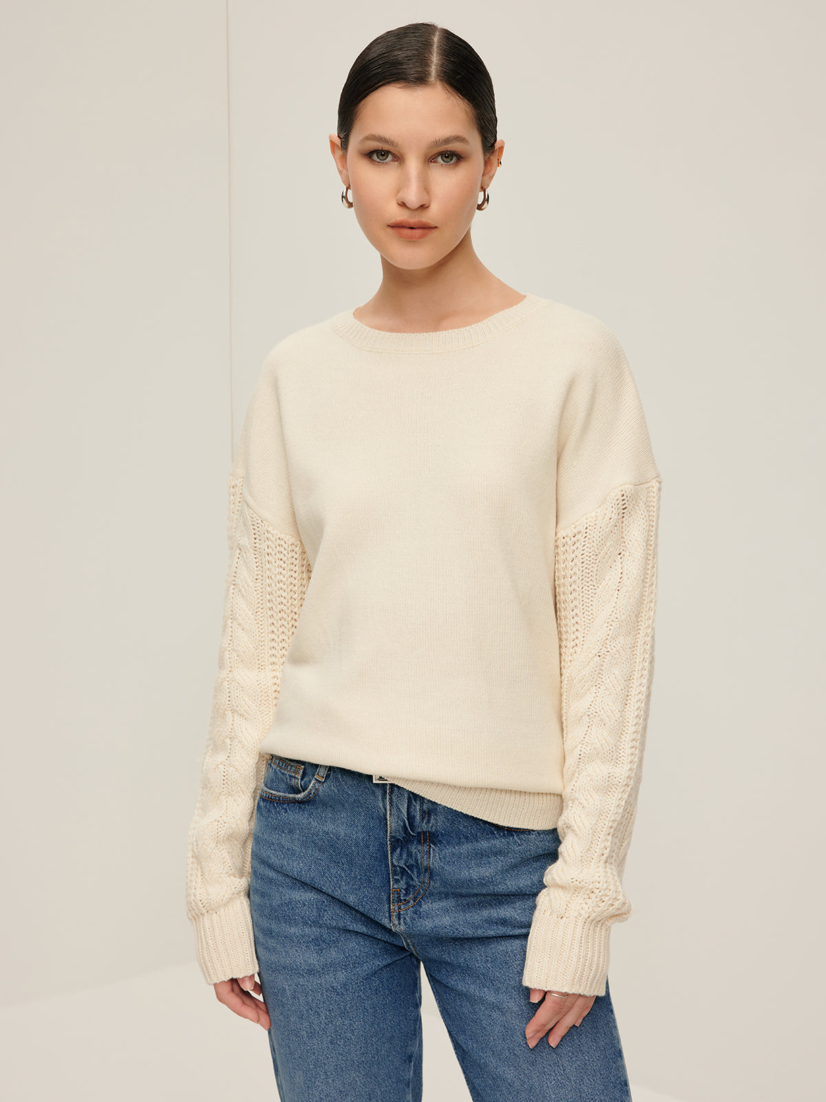 Plain Cable Sleeve Pullover Sweater