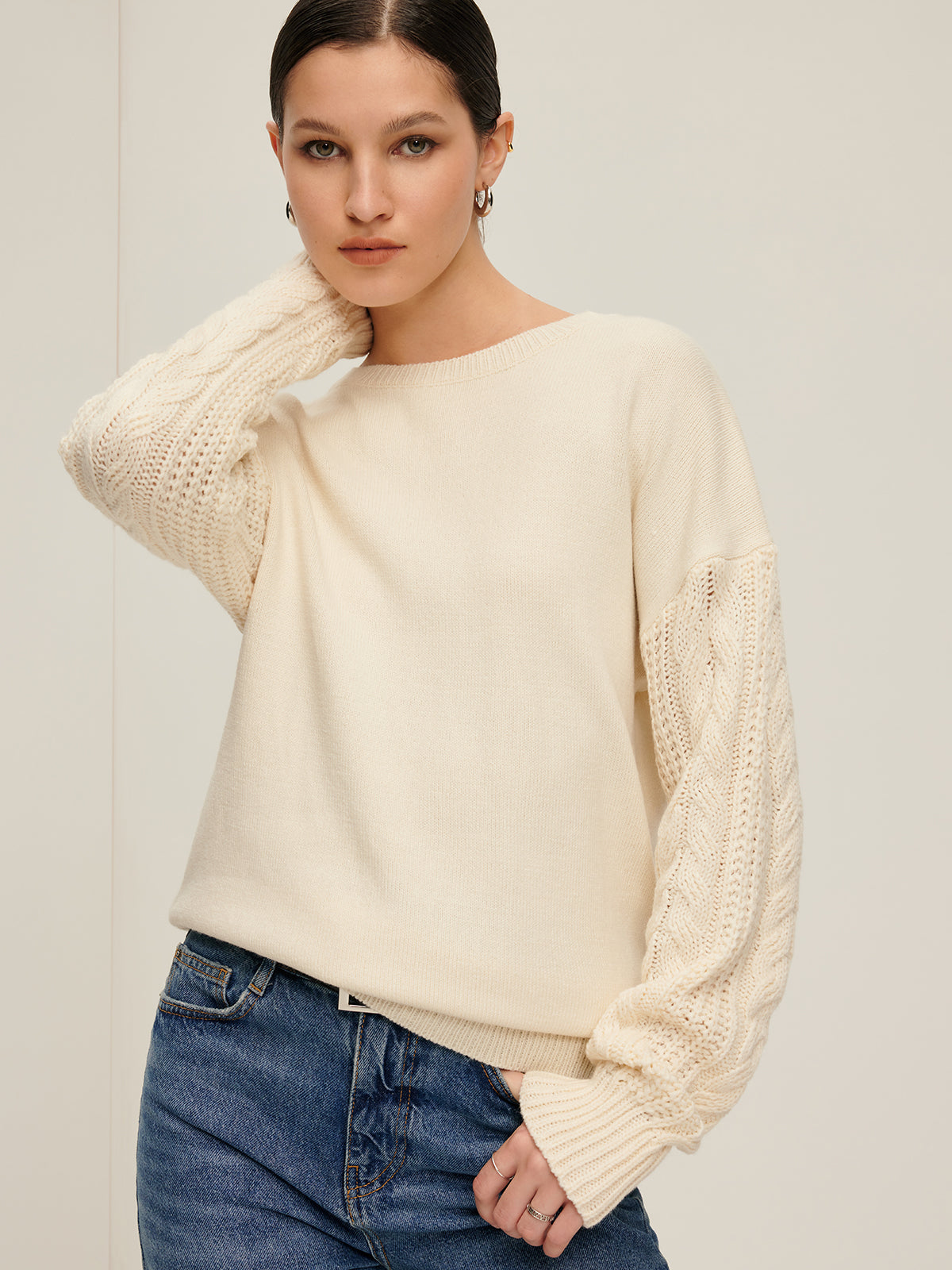 Plain Cable Sleeve Pullover Sweater