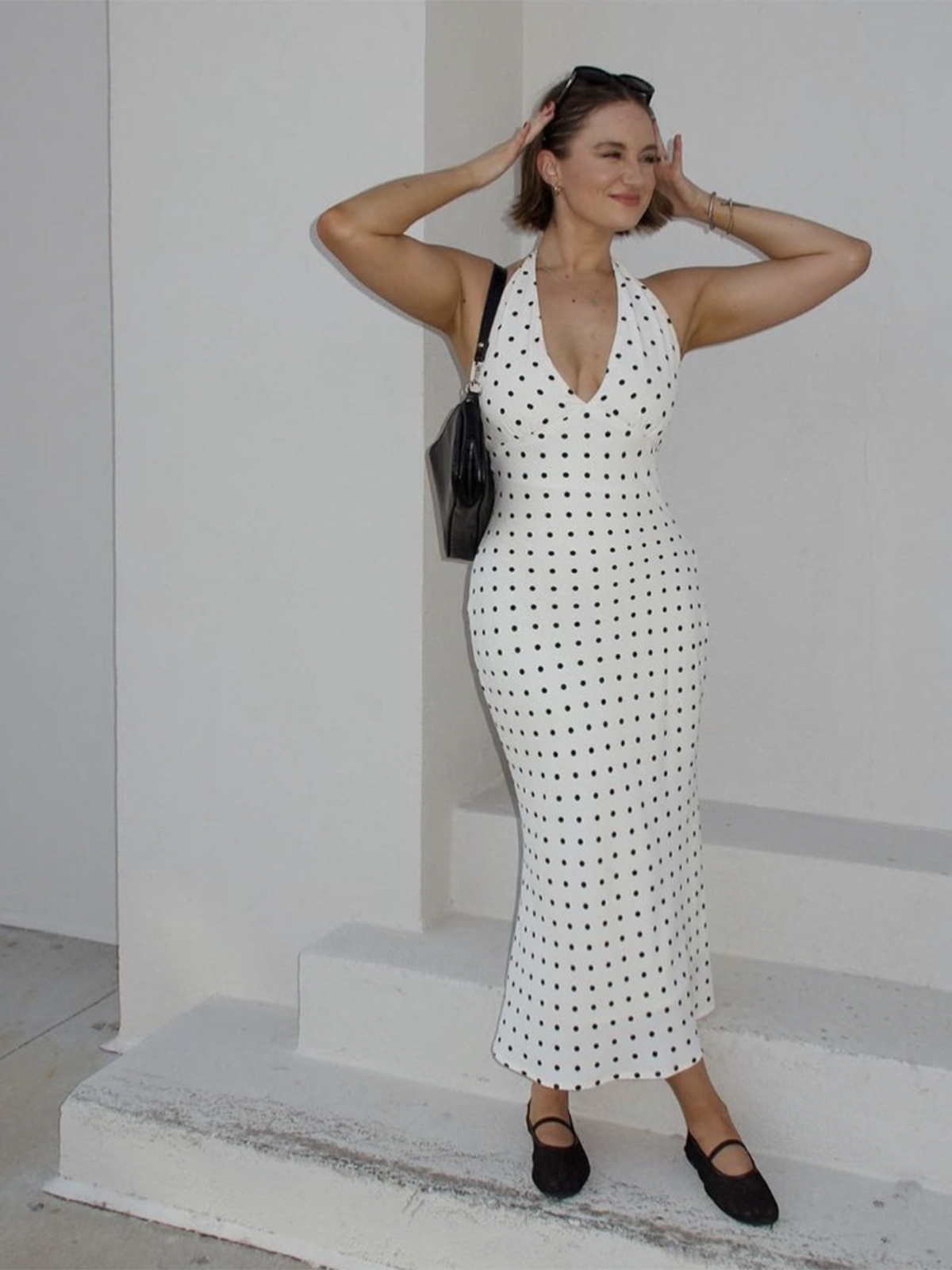 Polka Dot Print V-Neck Halter Midi Dress