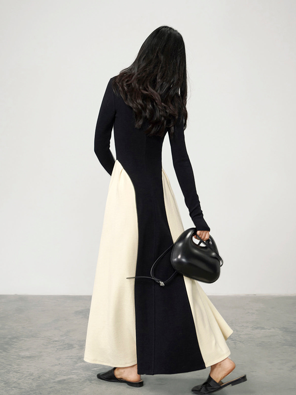 V-Neck Panel Pleated Long Dress