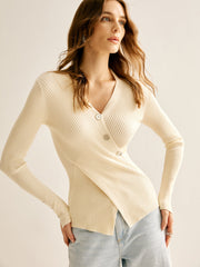 Ribbed Button Criss Cross Sweater