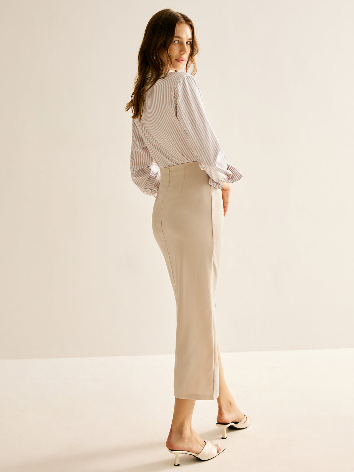 Pinstripe Shirt With Knotted Skirt Set