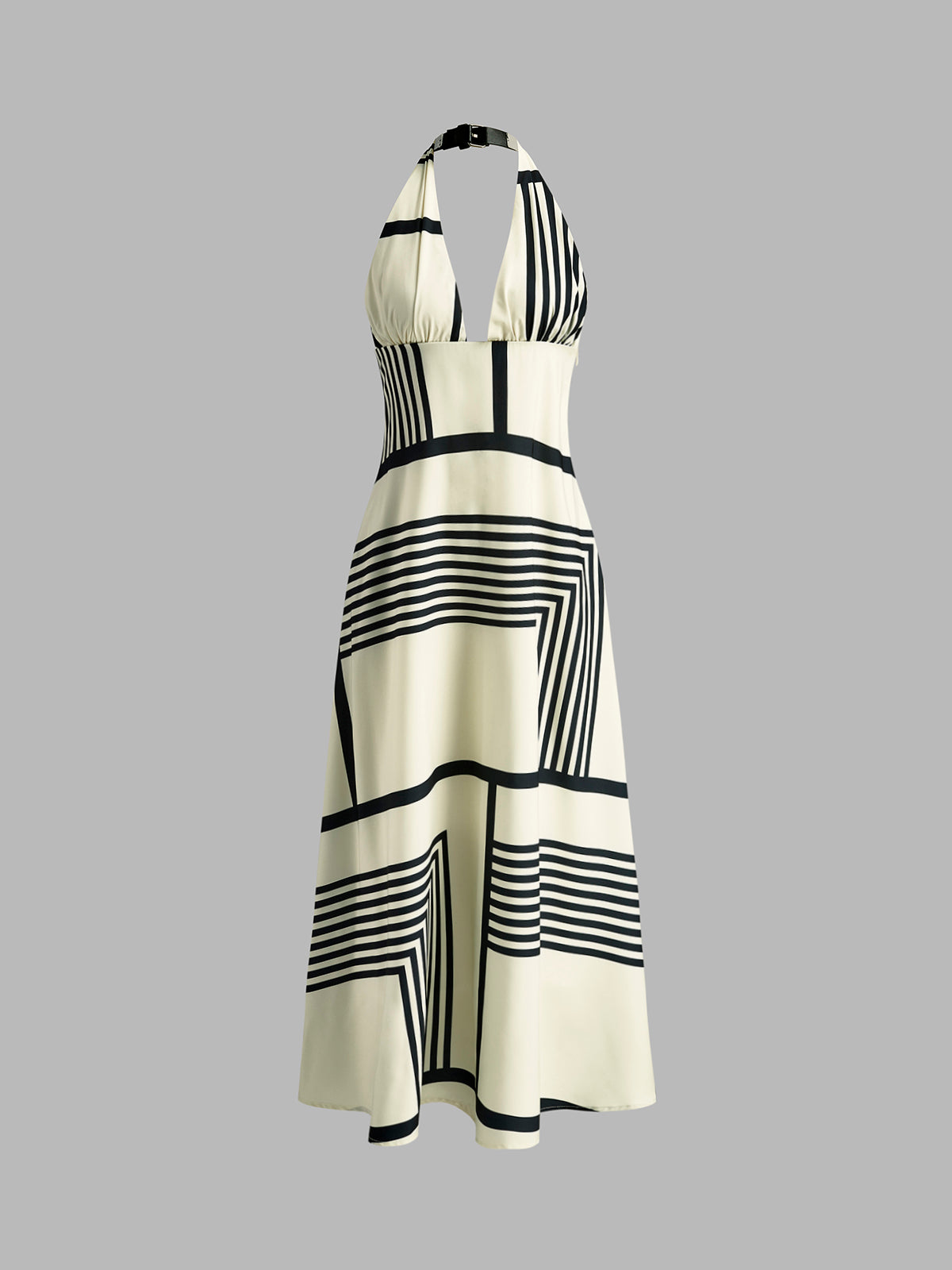 Irregular-Striped Backless Halter Dress