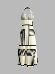 Irregular-Striped Backless Halter Dress