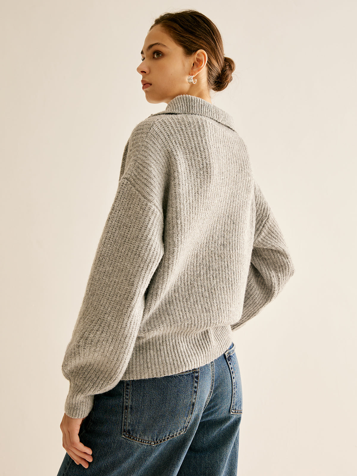 Plain Ribbed Lapel Zipper Sweater