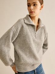 Plain Ribbed Lapel Zipper Sweater