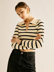 Split Striped Crop Polo Sweater