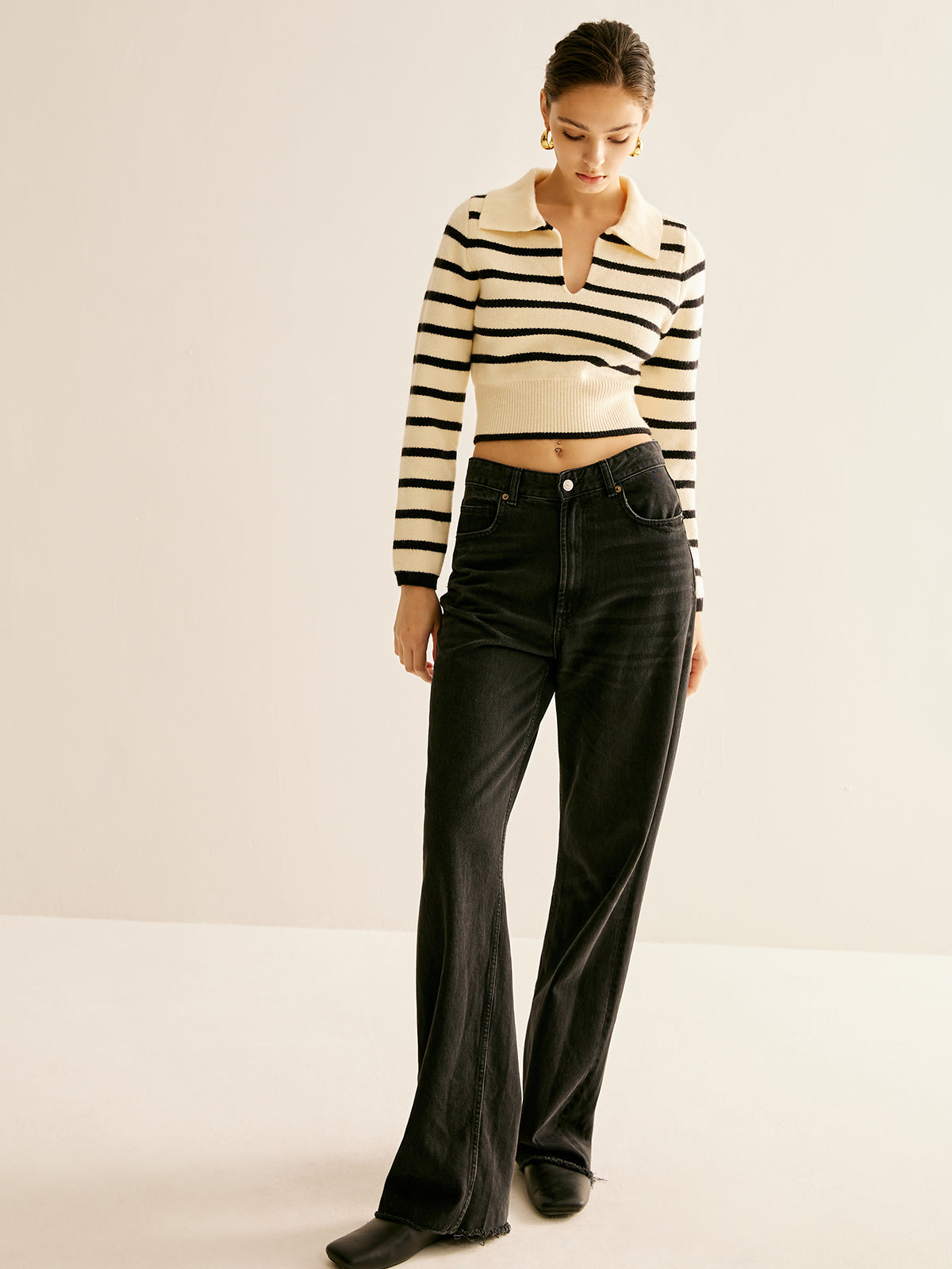 Split Striped Crop Polo Sweater