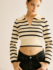 Split Striped Crop Polo Sweater