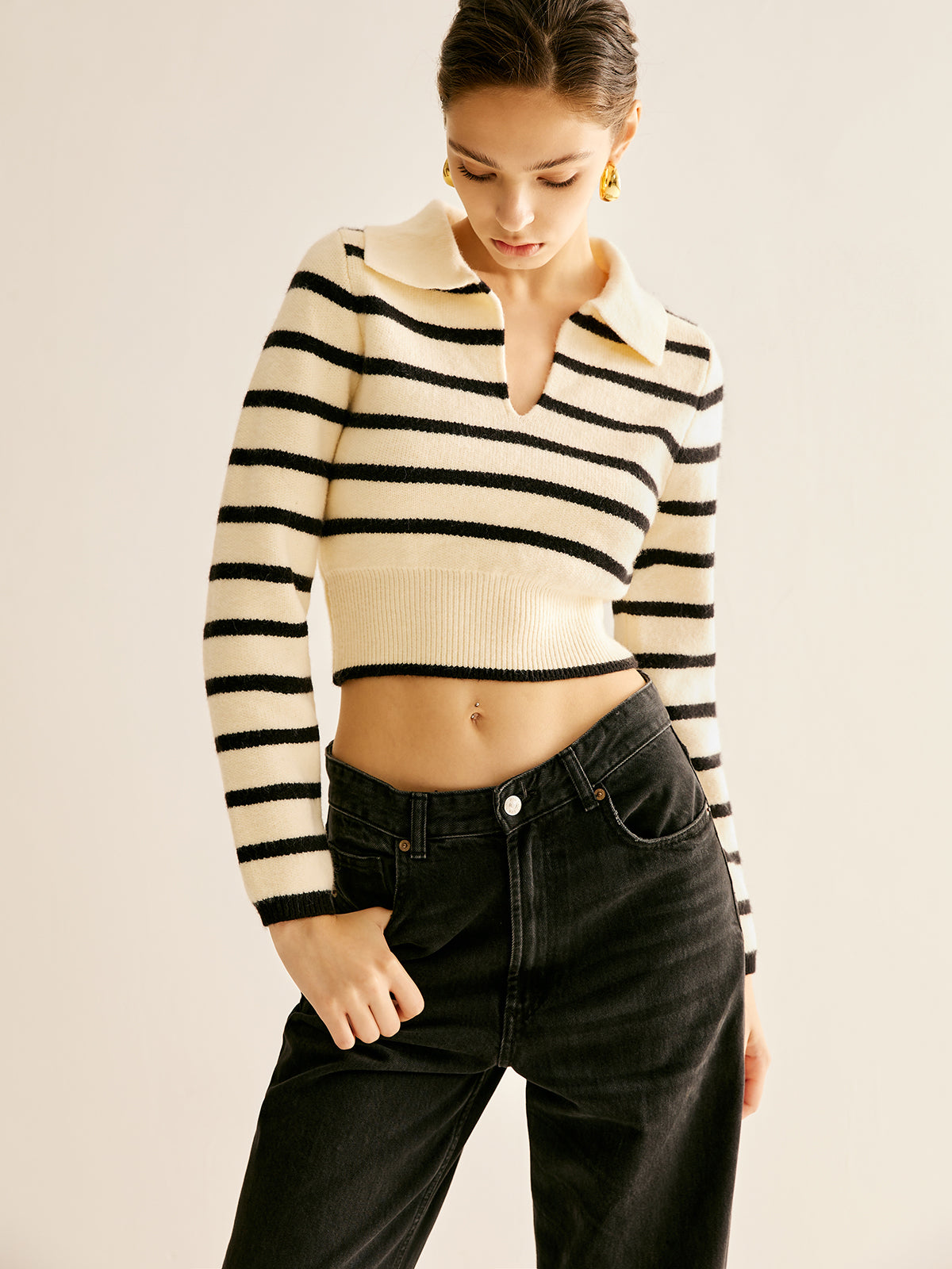 Split Striped Crop Polo Sweater