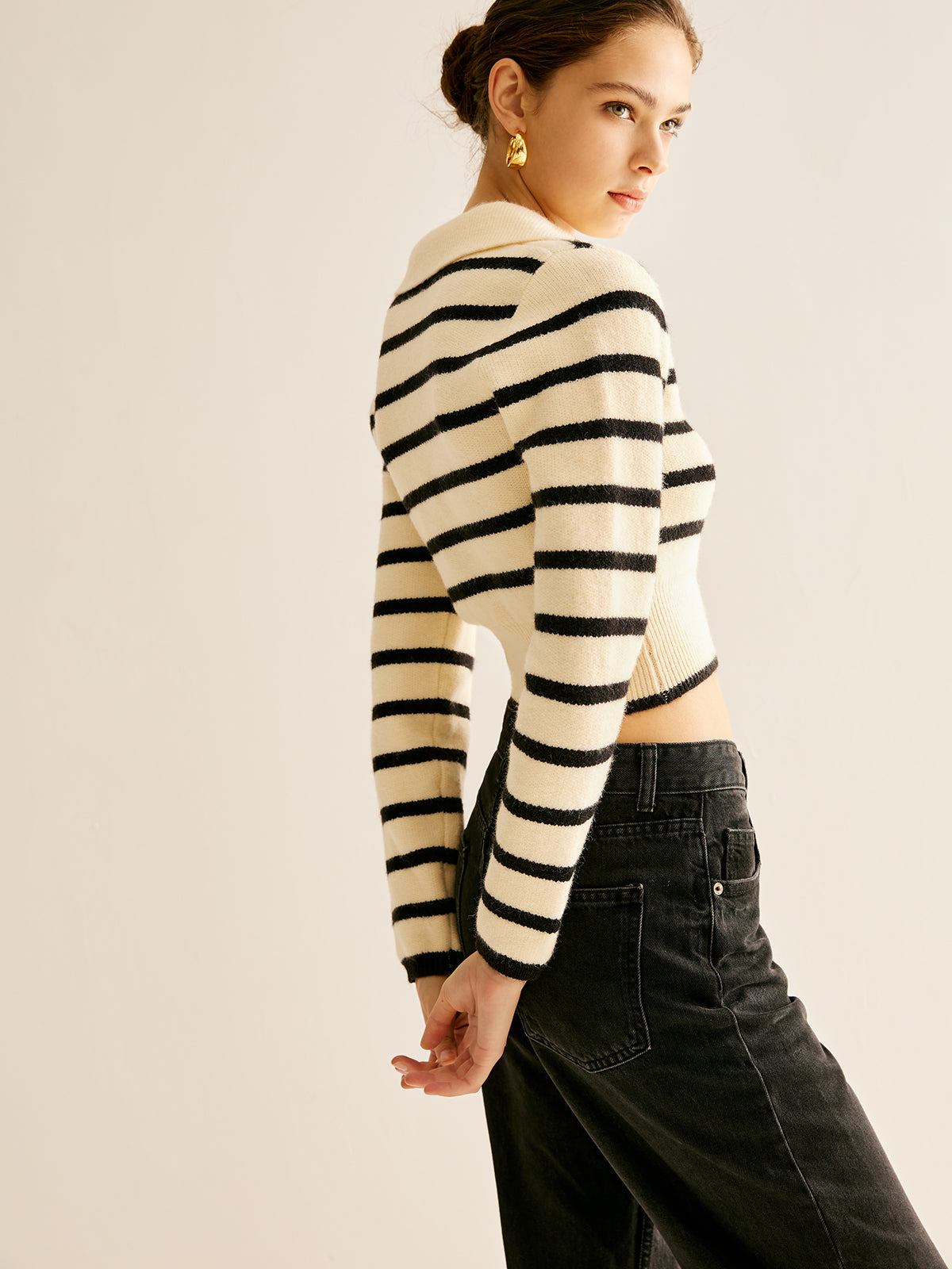 Split Striped Crop Polo Sweater