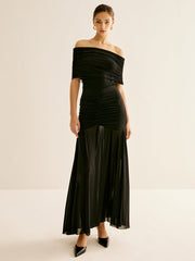 Pleated Mesh Tube Dress With Shawl