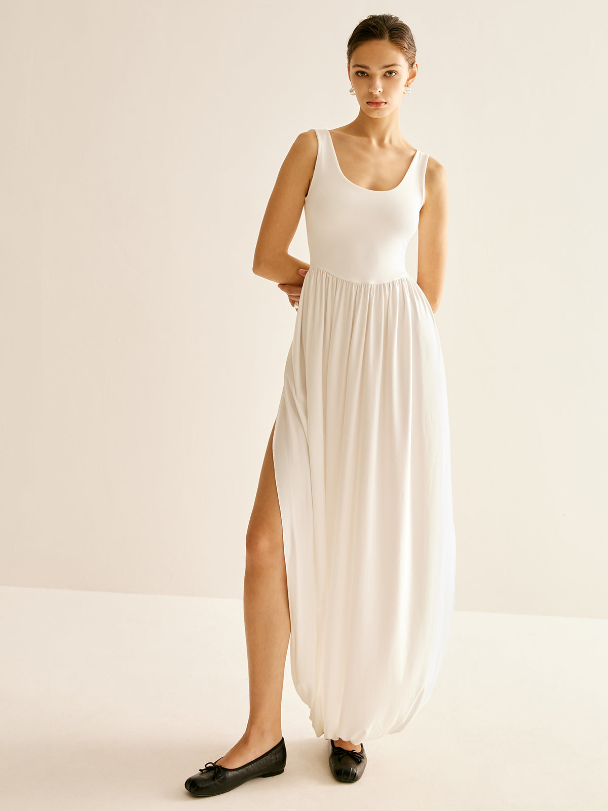 Ribbed Side Split Pleated Tank Dress