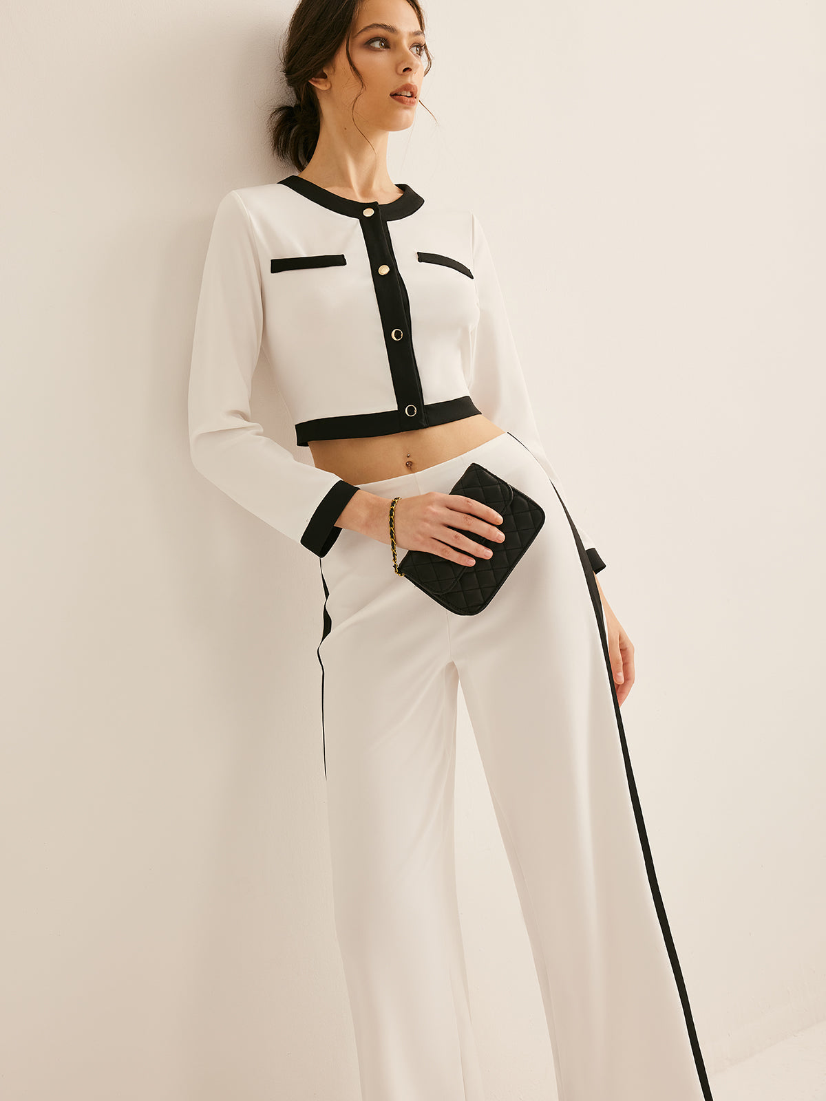 Contrast Trim Straight Pants Set