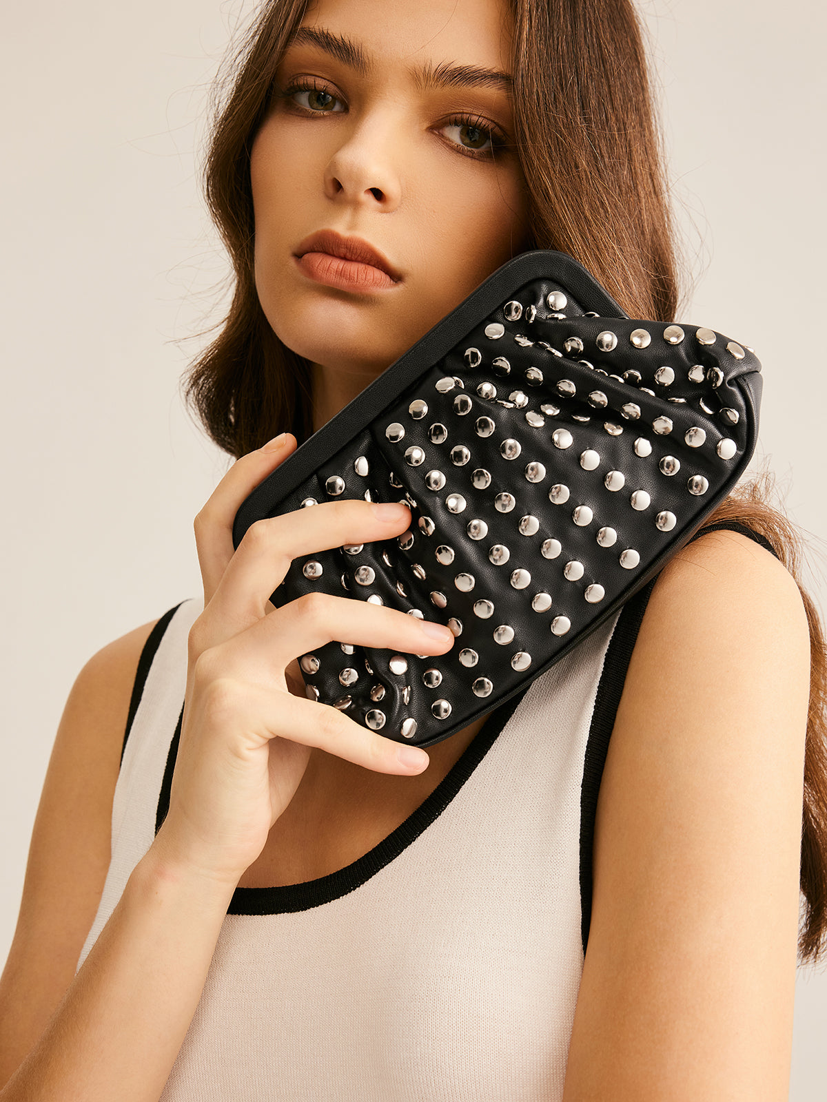 Studded Pleated Clutch Bag