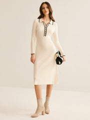 Contrast Trim Lapel Sweater Dress