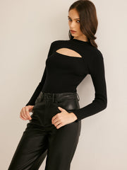 Mock Neck Cutout Ribbed Blouse