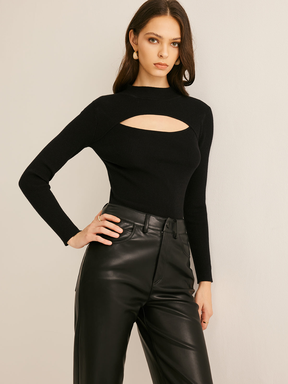 Mock Neck Cutout Ribbed Blouse