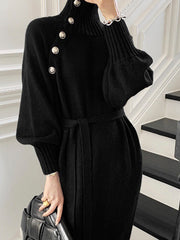 Turtleneck Button Belted Sweater Dress