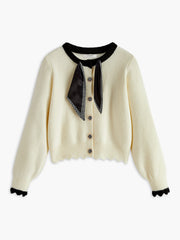 Contrast Tie Neck Wave Trim Cardigan